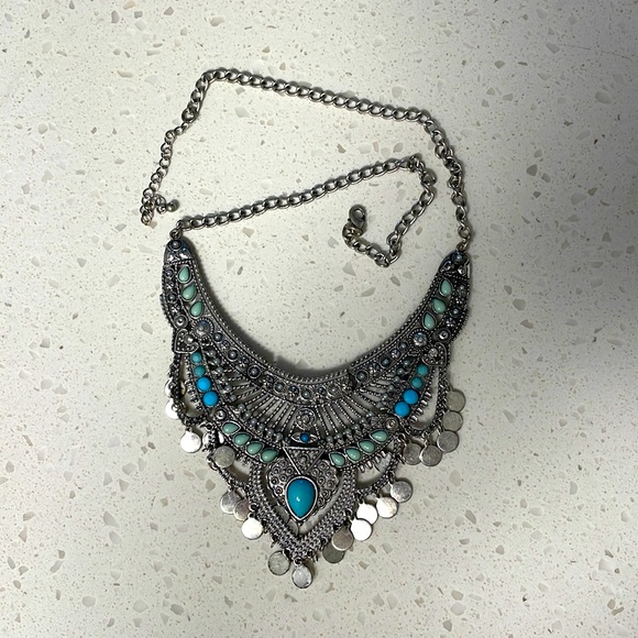 Boho Silver and turquoise bib necklace - Picture 1 of 2